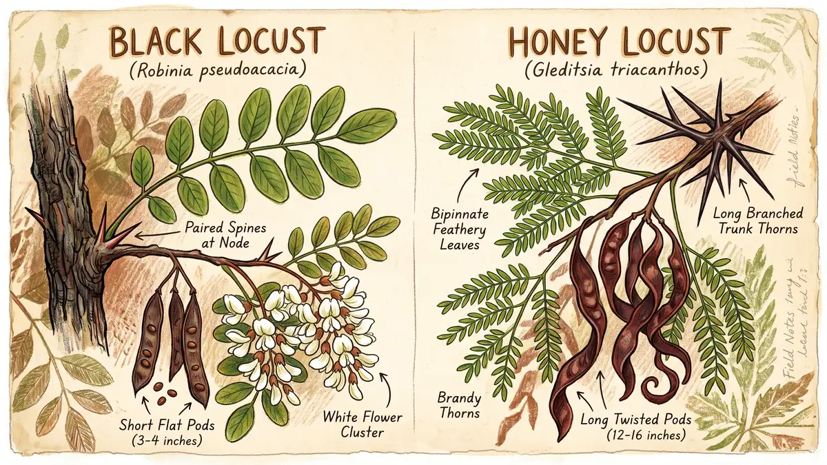 Botanical comparison plate showing black locust paired leaf-base spines and oval leaflets beside honey locust branched trunk thorns and feathery bipinnate leaves
