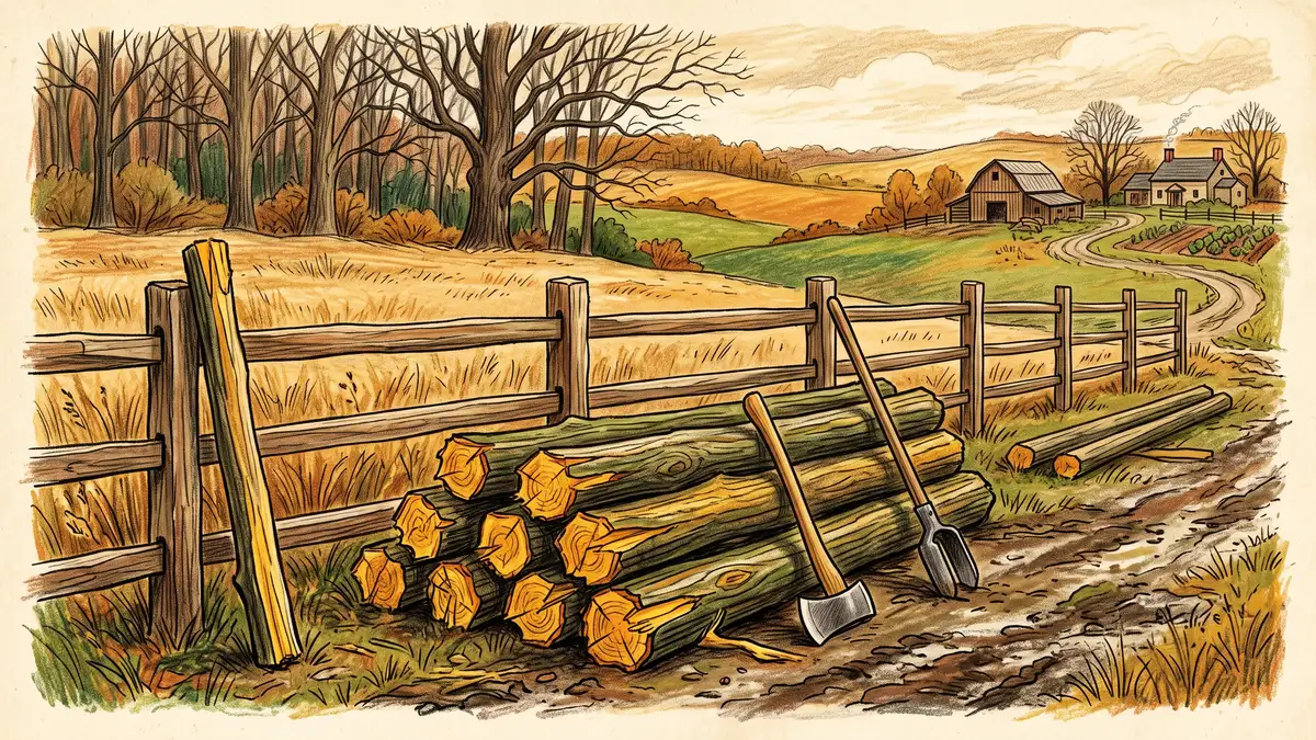 Freshly cut black locust fence posts with golden heartwood stacked beside a partly built paddock fence on an autumn homestead