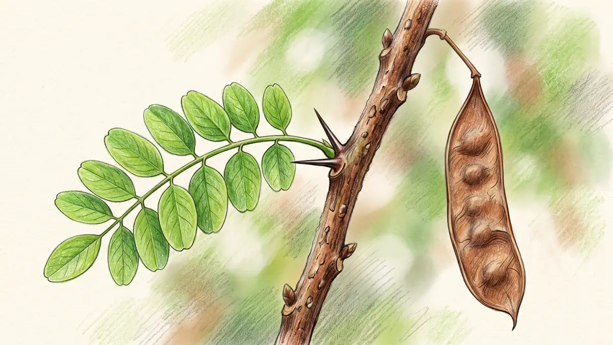 Close-up of a black locust twig showing paired short spines at the leaf base, oval pinnate leaflets and a flat brown seed pod