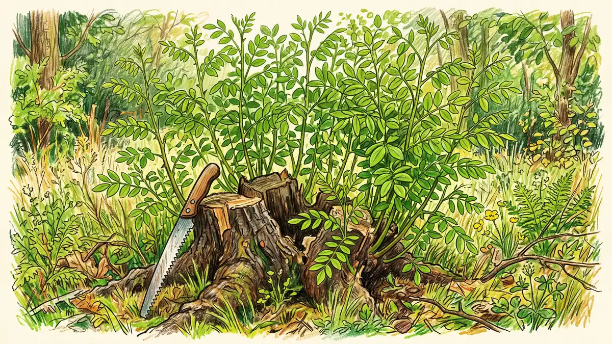 A coppiced black locust stump ringed with vigorous new shoots several feet tall after one growing season, with a pruning saw resting against it