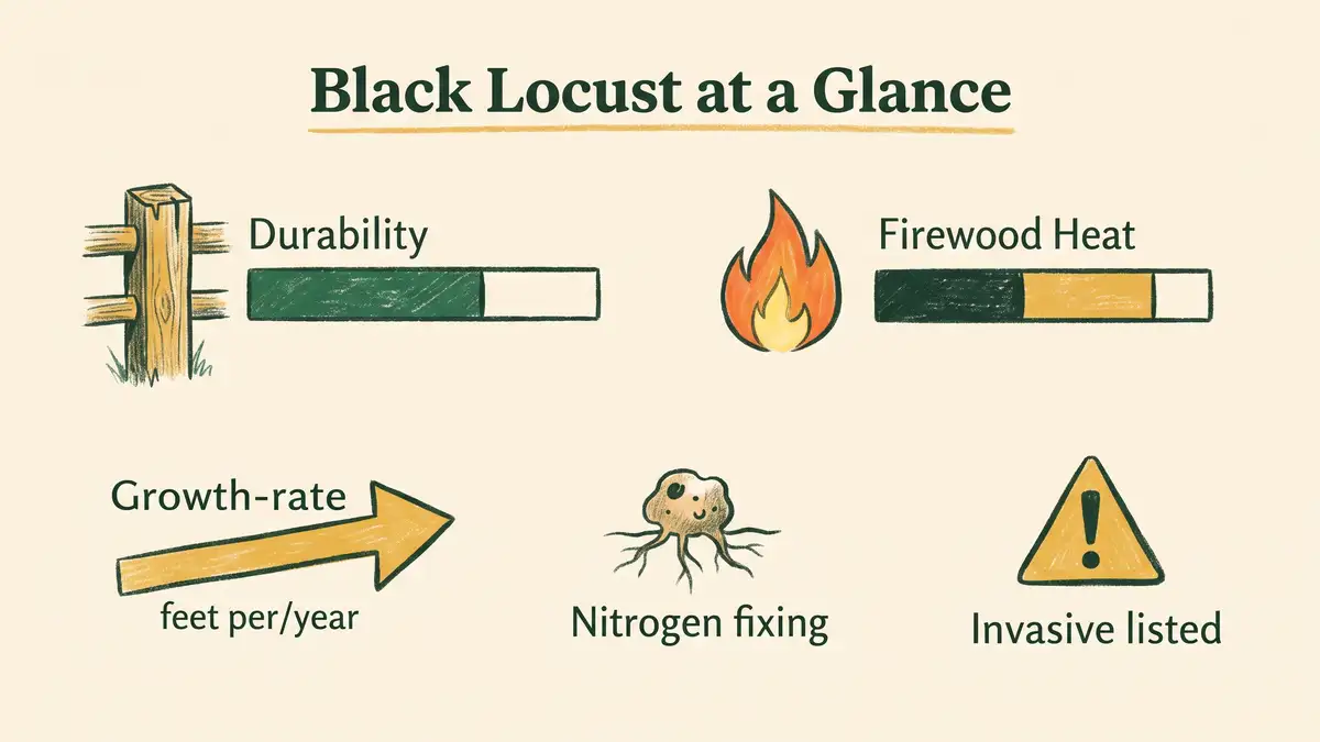 Hand-illustrated infographic summarising black locust durability, firewood value, growth rate, nitrogen fixing and invasive status at a glance