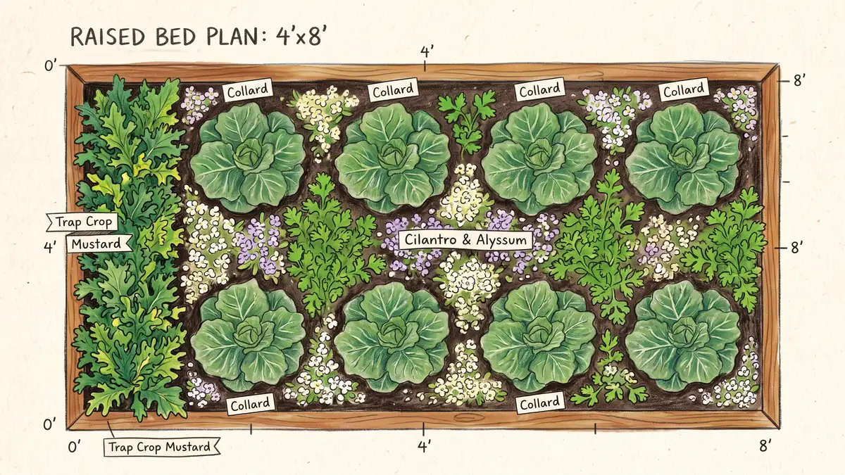 Overhead planting plan of a raised bed showing collard greens spaced in two rows with alyssum and cilantro between them and a mustard trap crop border