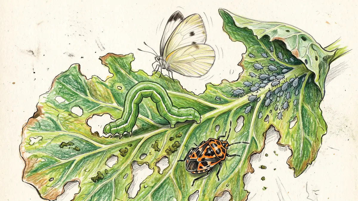 Field-guide illustration of collard pests including cabbage looper, imported cabbageworm, cabbage aphids and a harlequin bug on a chewed collard leaf