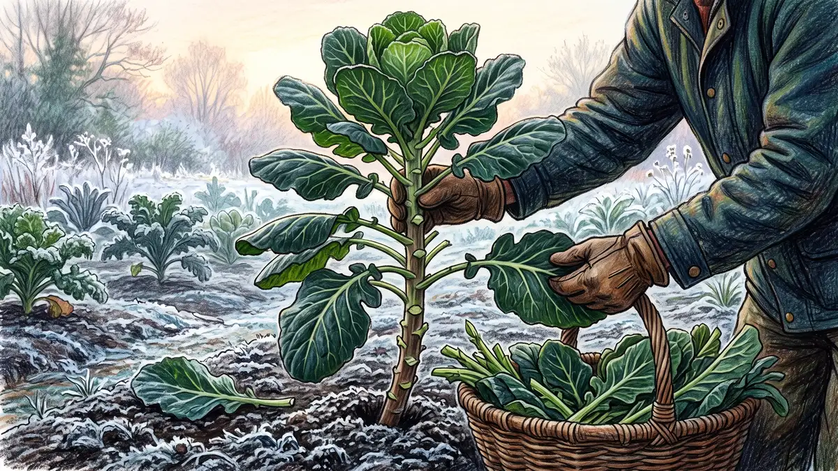 Hands harvesting lower leaves from a tall collard plant from the bottom upward, leaving the crown intact, with a basket of leaves on frosty soil