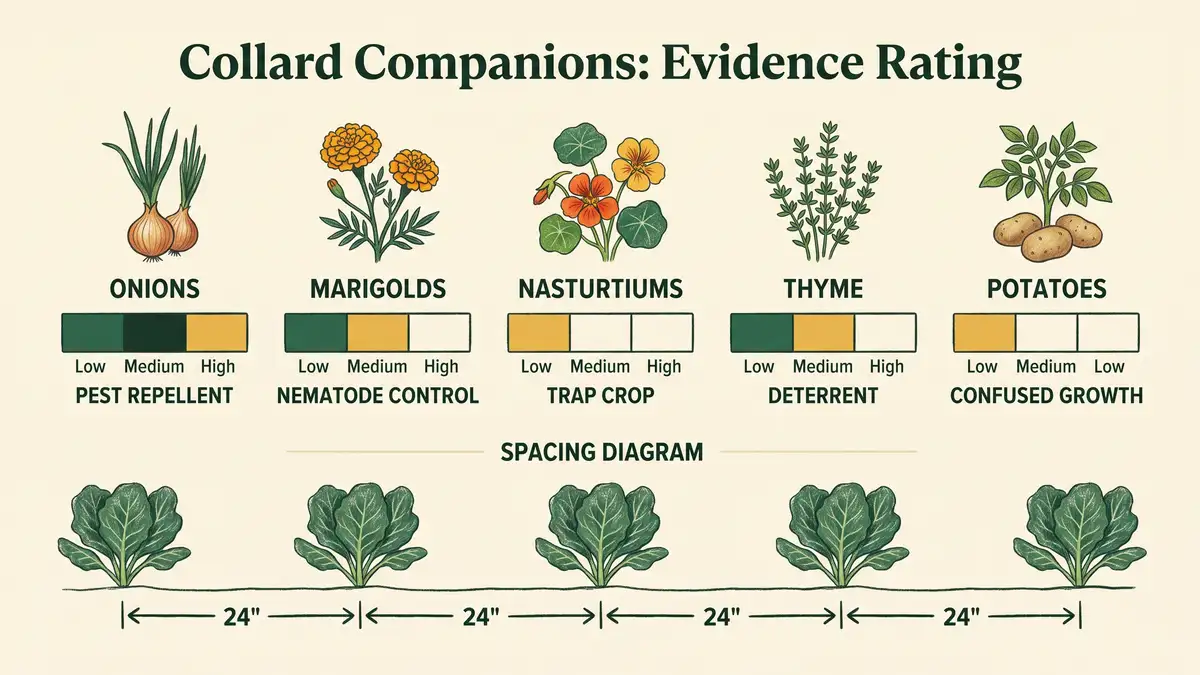 Infographic rating collard companion plants by strength of evidence, with a spacing diagram showing recommended plant distances in inches