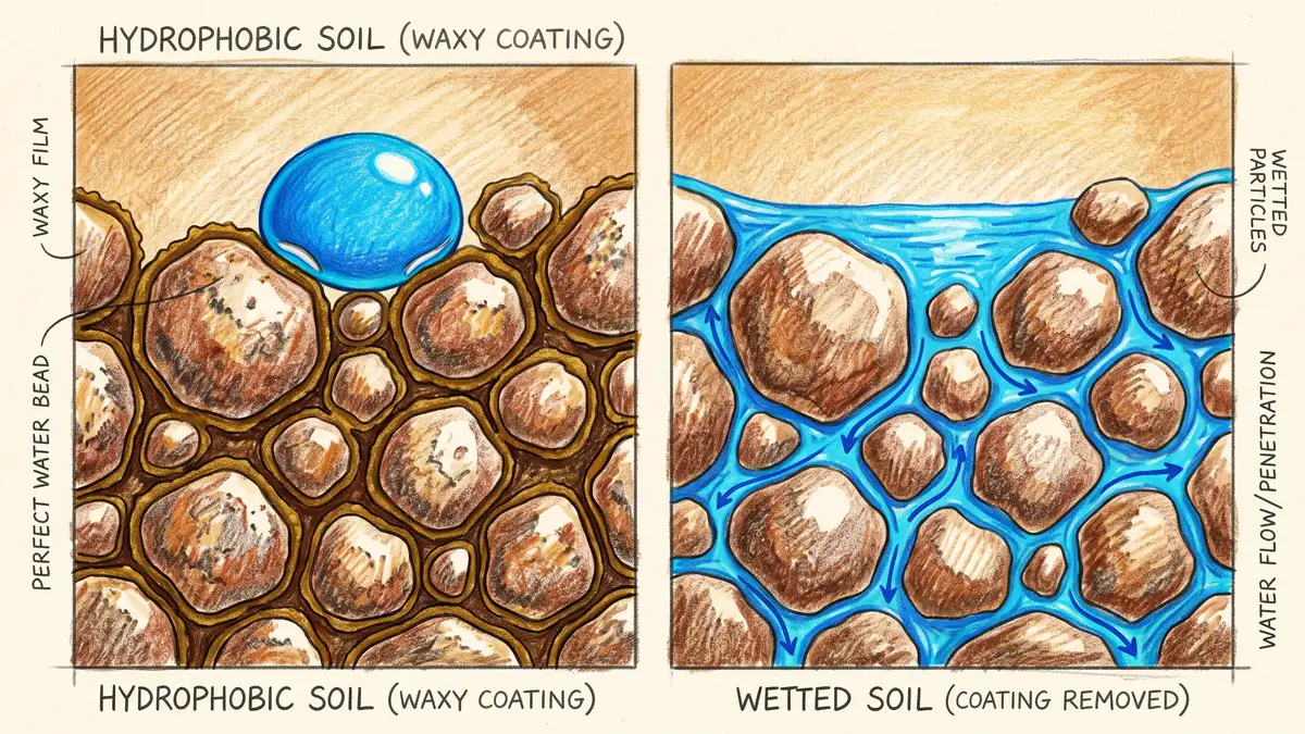 Magnified illustration of soil particles coated in waxy organic film with a water droplet beading on top, beside a wetted panel where water moves freely