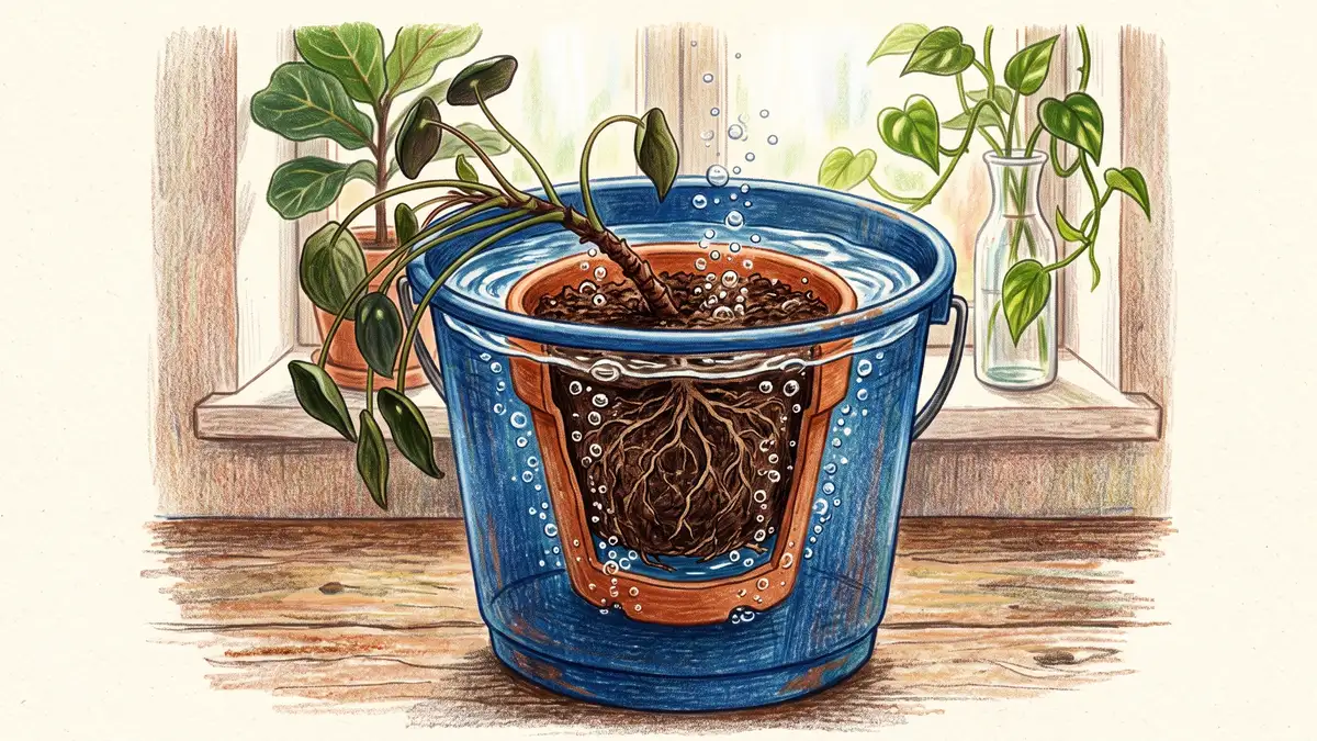 Terracotta pot of dried peat potting mix being submerged in a bucket of water with air bubbles rising and the root ball shrunk from the pot sides