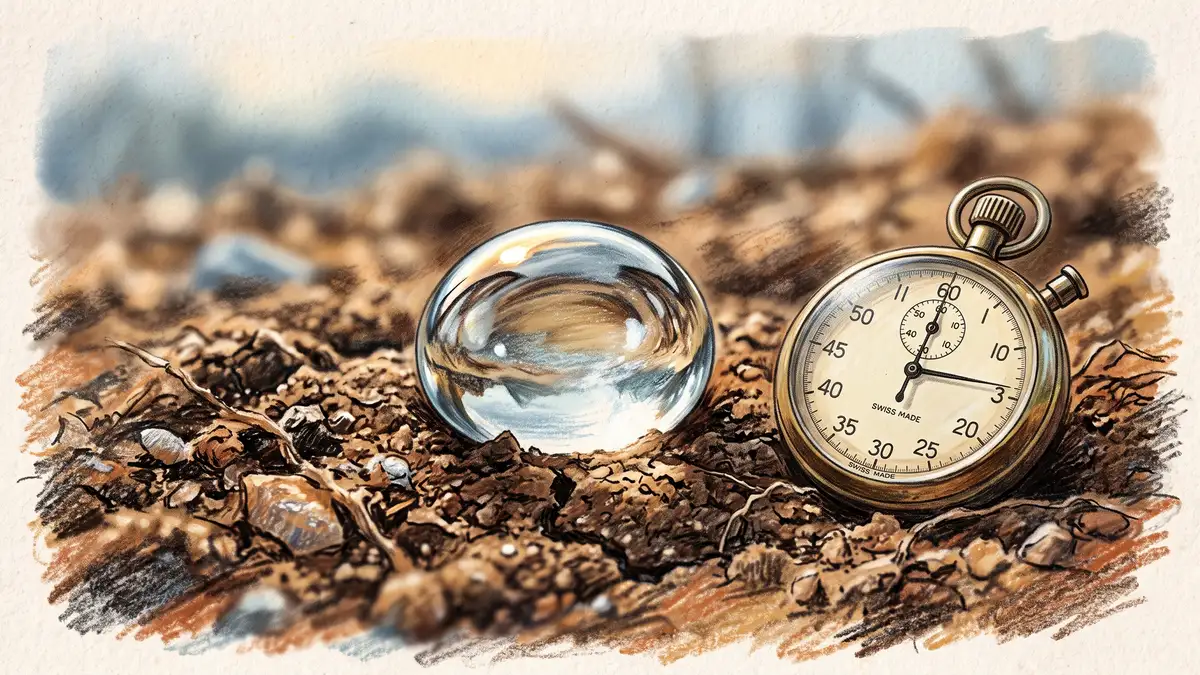 Close-up of a single water droplet beaded on dry brown soil beside a stopwatch, illustrating the water drop penetration time test for hydrophobic soil
