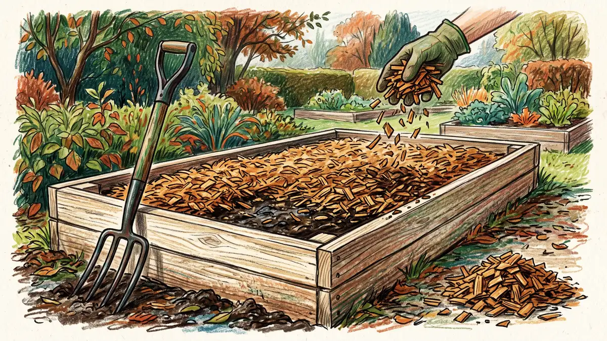 Wood chip mulch being spread over a freshly rewetted raised bed with a garden fork nearby and dark moist soil visible at the edge