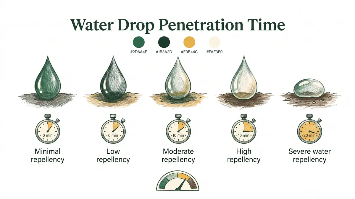 Infographic showing water drop penetration time classes from wettable through severe with stopwatch times and a soil moisture gauge