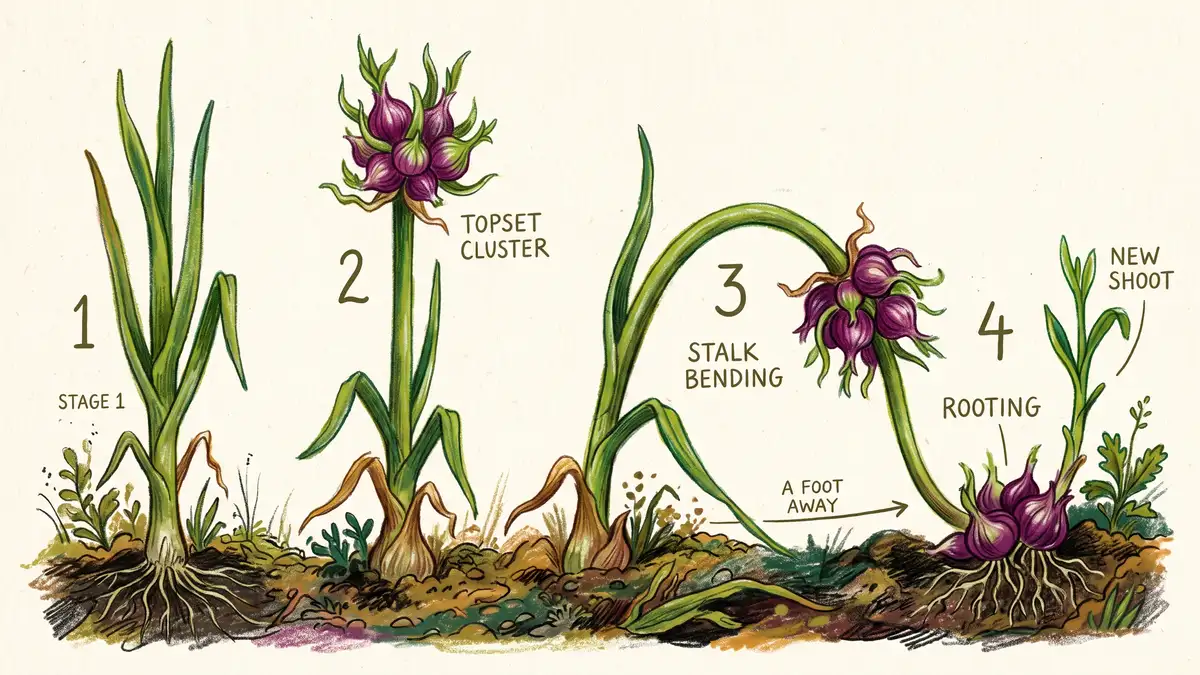 Four-stage illustration of how a walking onion moves, from upright stalk to topset bulbils forming, stalk bending, and bulbils rooting a foot away