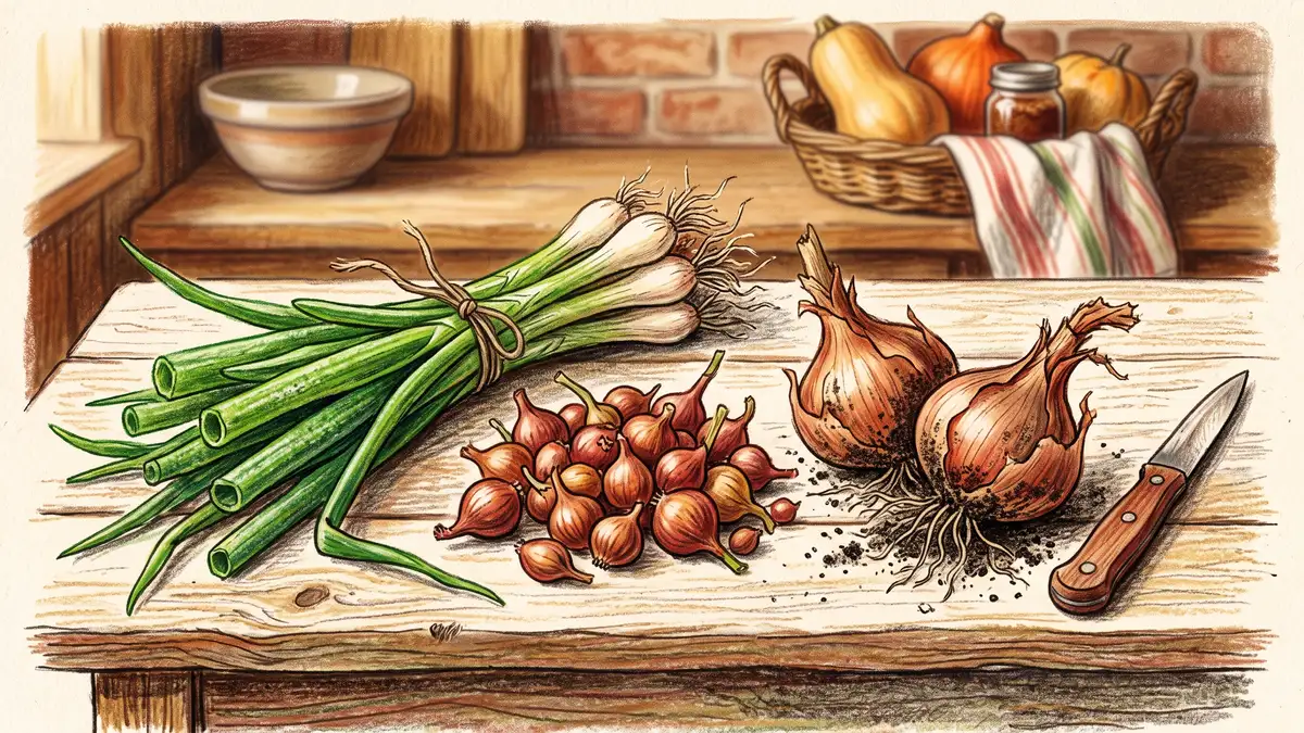 Three walking onion harvests on a wooden table: a bundle of hollow green tops, a handful of reddish topset bulbils, and two shallot-sized bottom bulbs
