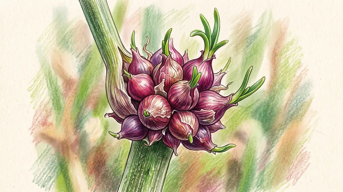 Close-up of a walking onion topset cluster of small reddish-purple bulbils with green shoots already emerging from several of them