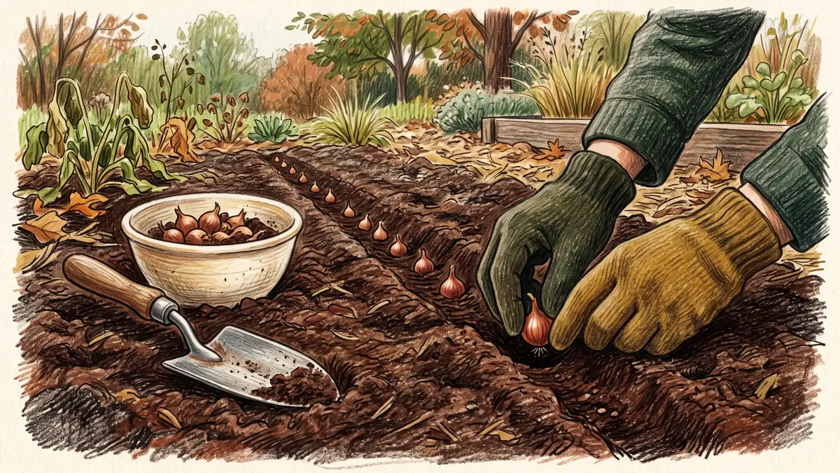 Gloved hands pressing a walking onion bulbil into prepared autumn soil beside a row of evenly spaced planted bulbils and a trowel