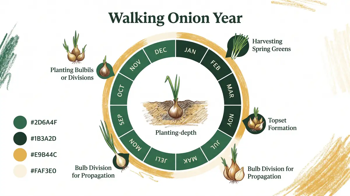 Infographic showing the walking onion year as a twelve-month calendar ring marked for planting, spring greens, topset formation and division, with a planting depth diagram