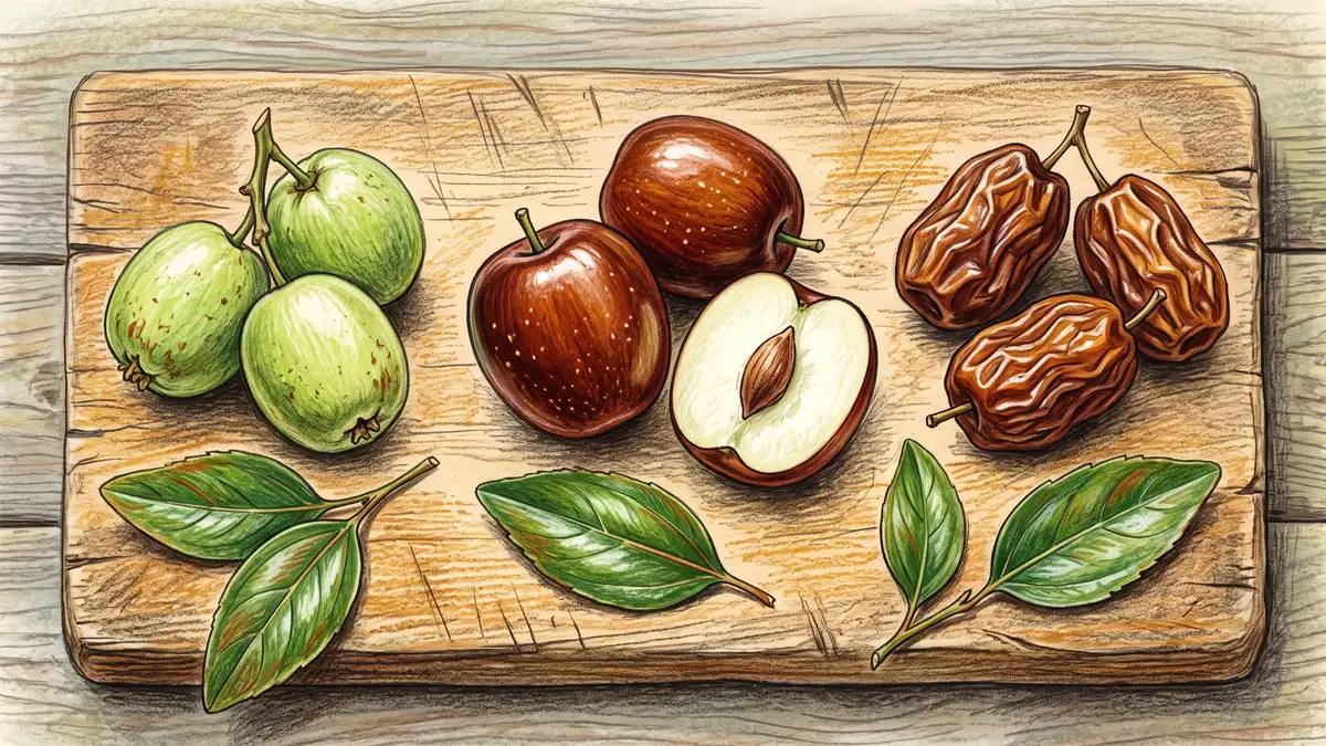 Botanical study of jujube fruit at three ripening stages, green, glossy mahogany crisp stage and wrinkled date stage, with one cut open showing flesh and stone
