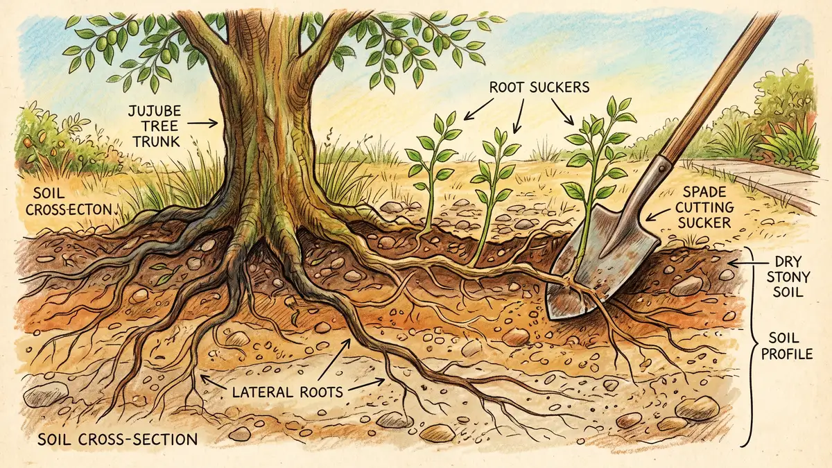 Cross-section of soil around a jujube trunk showing lateral roots and vigorous root suckers emerging several feet away, with a spade cutting one free