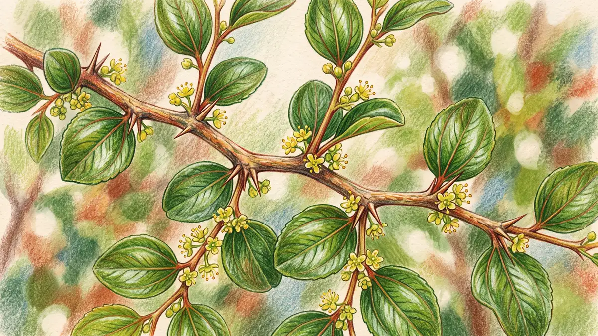 Close-up of a jujube branch showing paired spines at the nodes, glossy three-veined oval leaves and small yellow-green flowers in the leaf axils