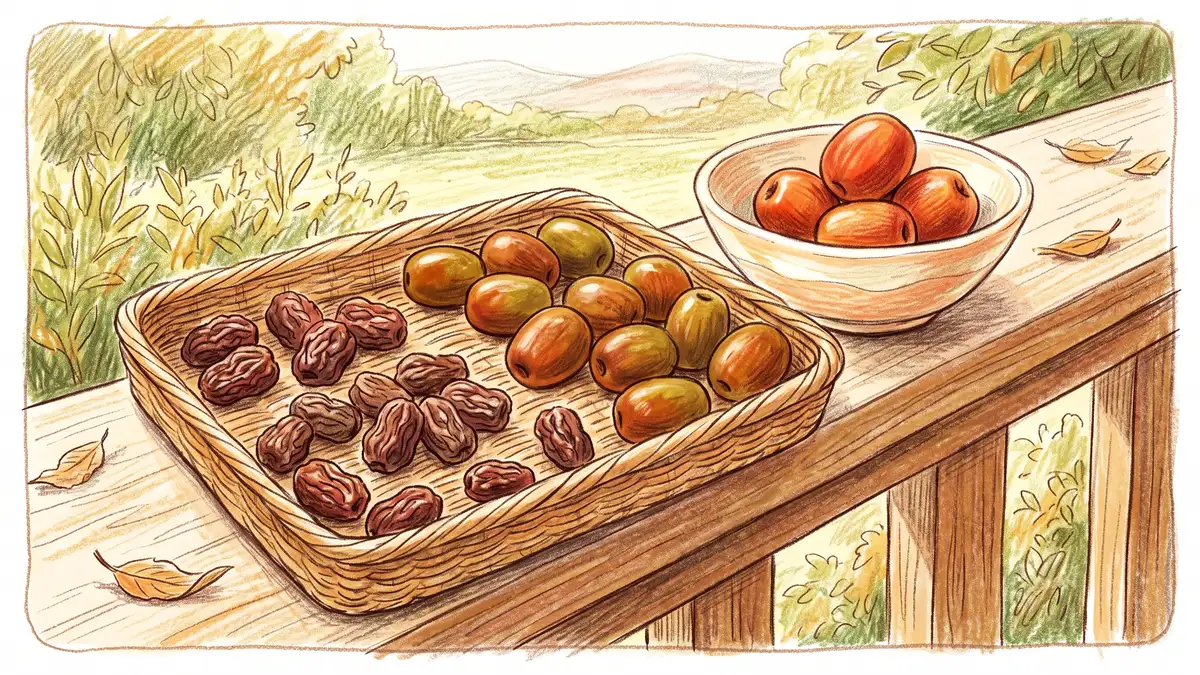 Jujube fruits drying on a wicker tray in autumn sun, some shrivelled into dark wrinkled dates, beside a bowl of fresh crisp fruit