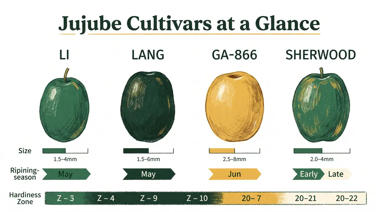 Infographic comparing jujube cultivars at a glance with fruit size bars, ripening season markers and a USDA hardiness zone strip