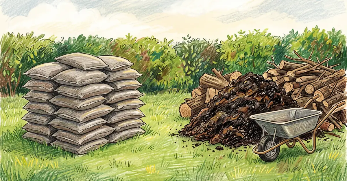 Bagged garden soil stacked beside homemade compost and a log, illustrating raised bed fill cost comparison