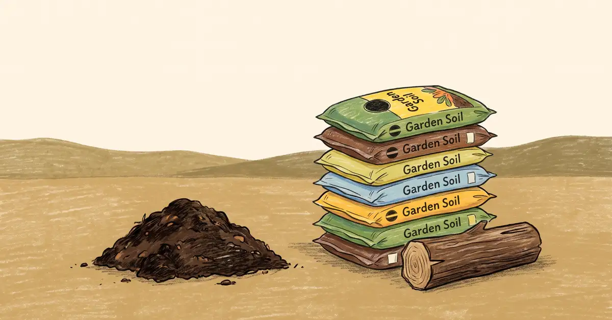 Bagged garden soil stacked beside homemade compost and a log, illustrating raised bed fill cost comparison