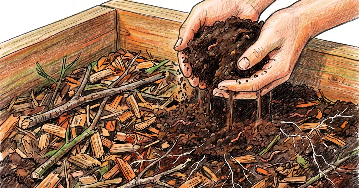 Hands crumbling finished compost over decomposing wood chips and branches inside a raised garden bed