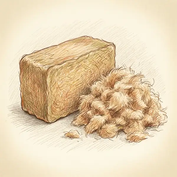 Illustration of a compressed coconut coir block beside expanded coir fibre