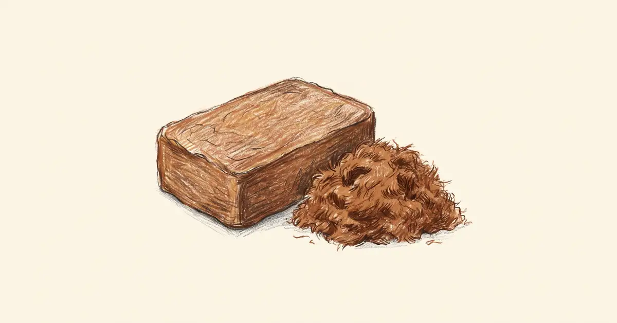 Illustration of a compressed coconut coir block beside expanded coir fibre