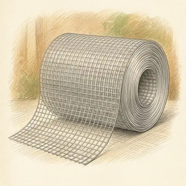 Illustration of a partly unrolled roll of galvanised wire mesh hardware cloth