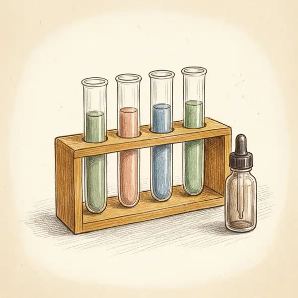 Illustration of a garden soil test kit with four coloured test tubes in a stand