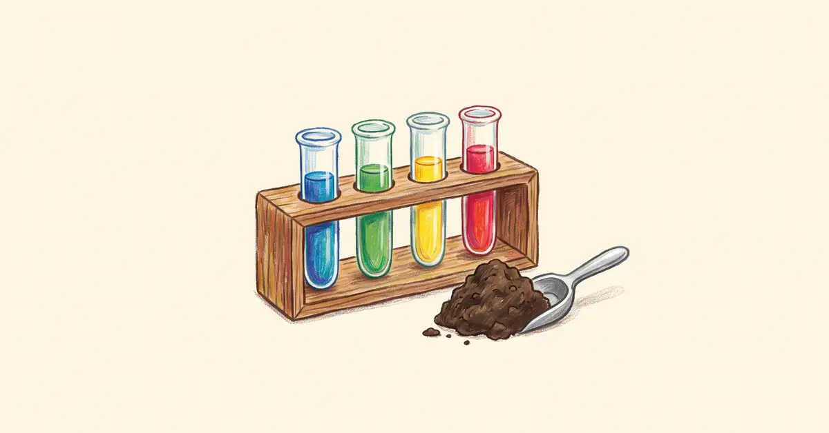 Illustration of a garden soil test kit with four coloured test tubes in a stand