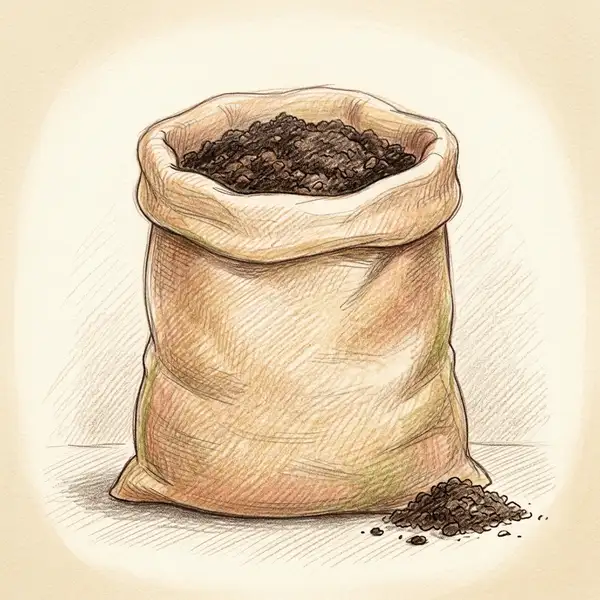 Illustration of an open sack of fine dark worm castings