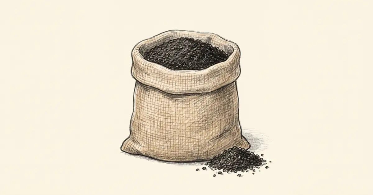 Illustration of an open sack of fine dark worm castings