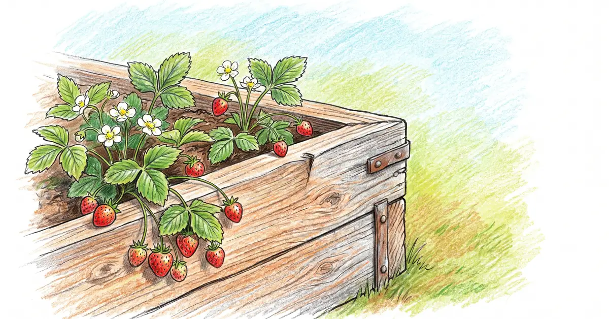 Corner of a cedar timber raised garden bed showing wood grain and weathering patina, planted with strawberries