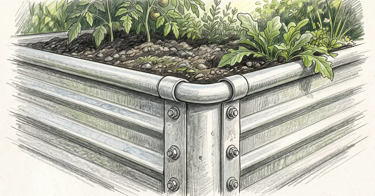 Close-up of the corner joint and rolled safety edge on a galvanised steel raised garden bed panel
