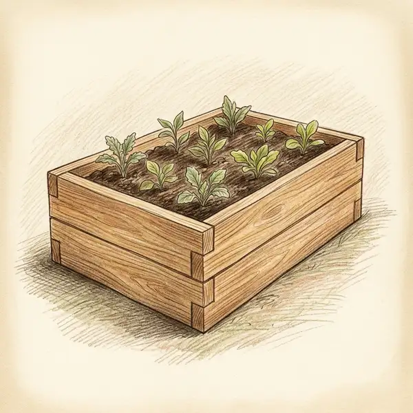 Illustration of a cedar timber raised garden bed with visible wood grain