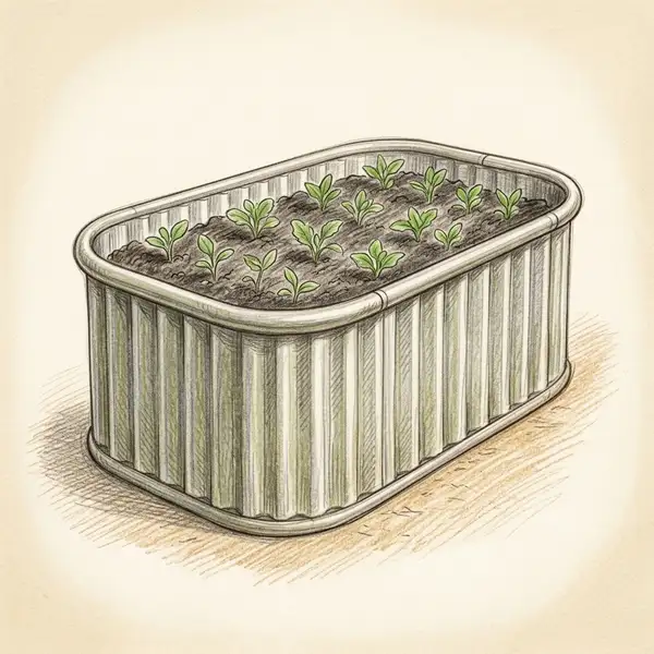 Illustration of a corrugated metal raised garden bed with a rolled safety rim