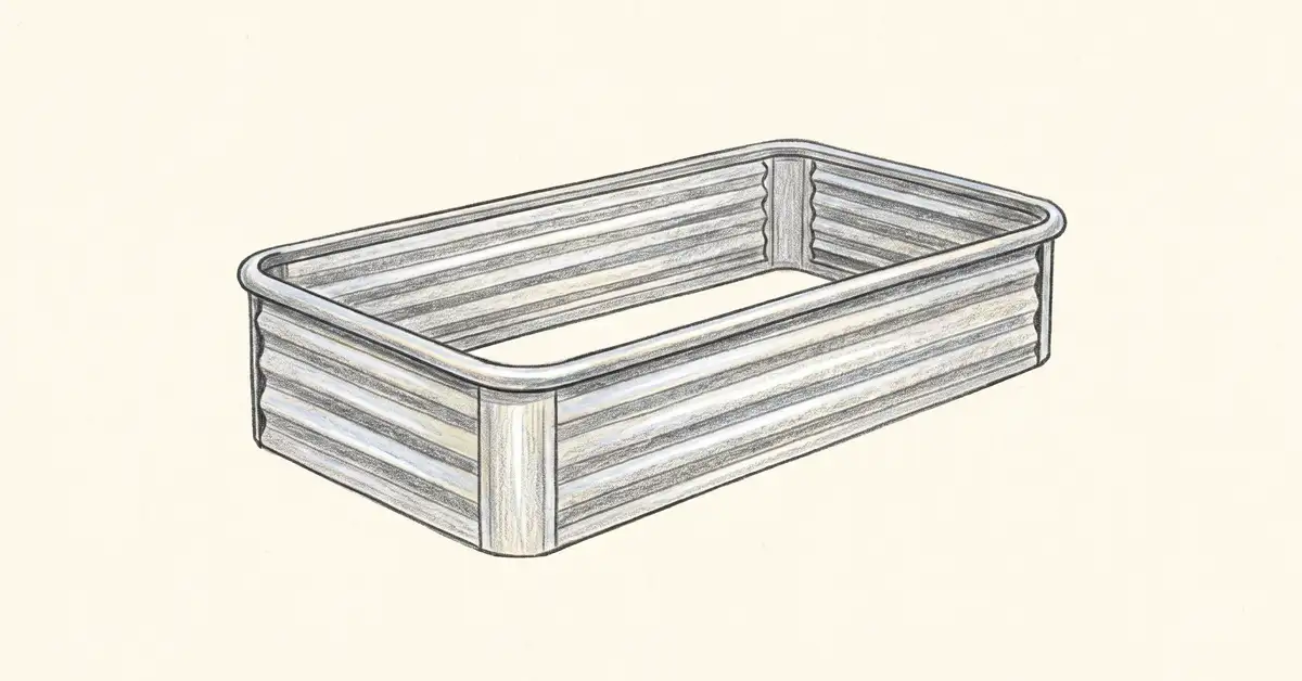 Illustration of a corrugated metal raised garden bed with a rolled safety rim