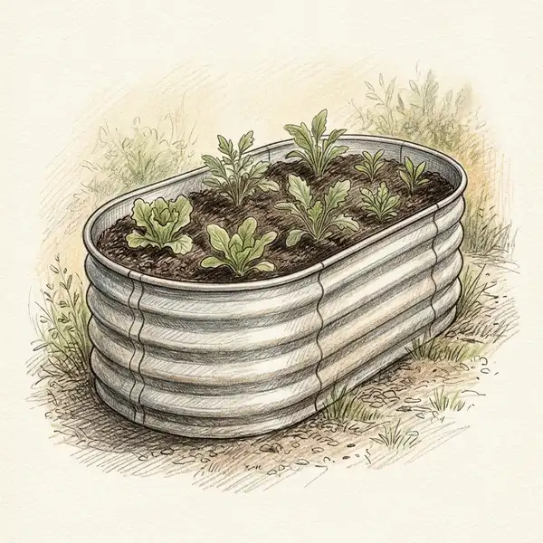 Illustration of an oval galvanised metal raised garden bed with rounded ends
