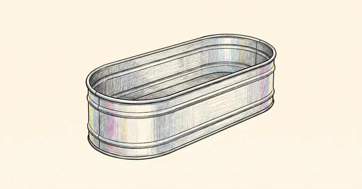 Illustration of an oval galvanised metal raised garden bed with rounded ends