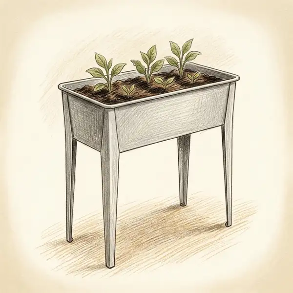 Illustration of an extra tall standing-height metal raised planter on legs