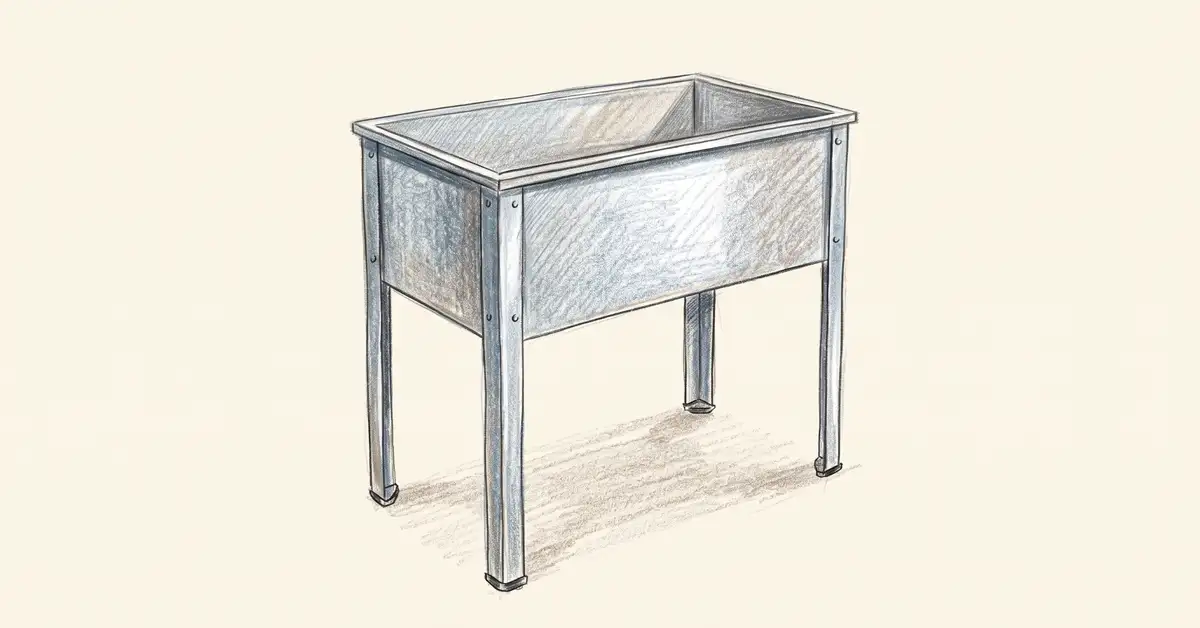 Illustration of an extra tall standing-height metal raised planter on legs