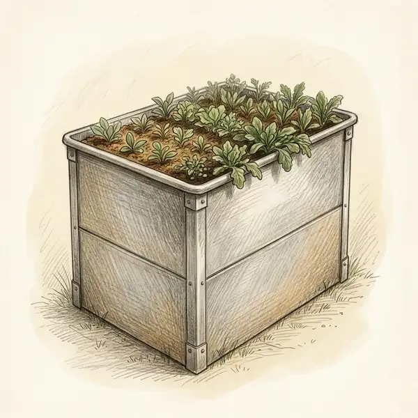 Illustration of a tall deep-sided rectangular galvanised metal raised garden bed
