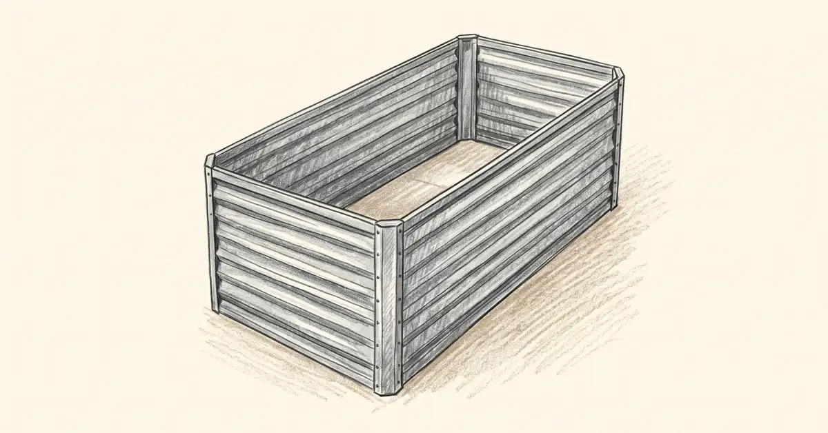 Illustration of a tall deep-sided rectangular galvanised metal raised garden bed