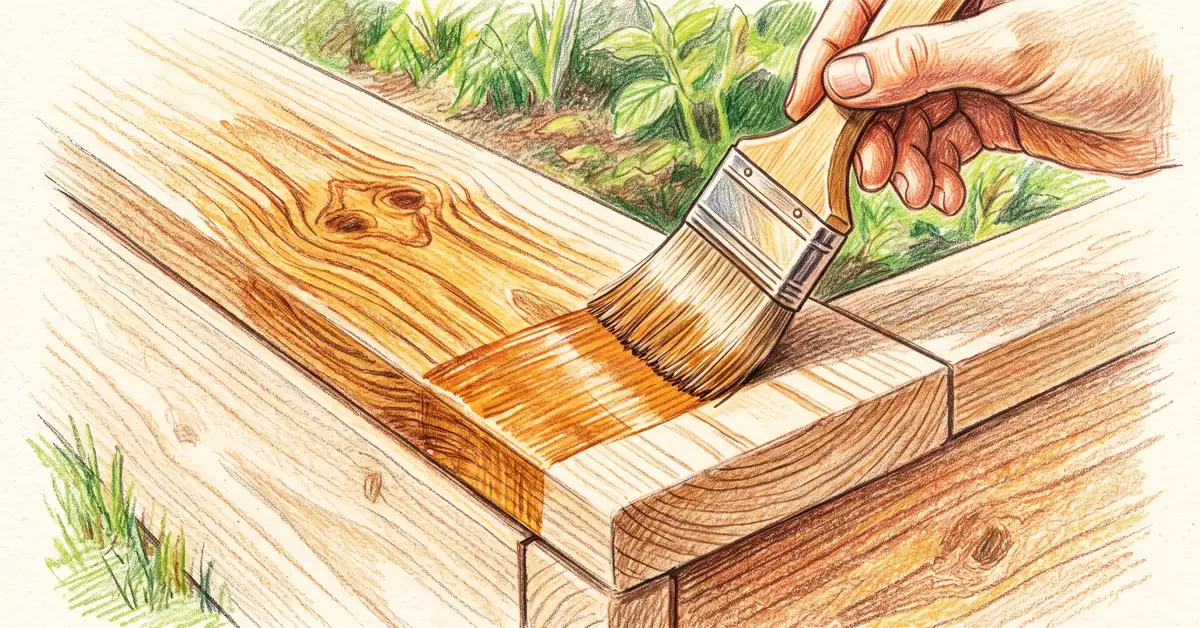 Hand brushing raw linseed oil onto a bare timber raised bed board, darkening the wood grain