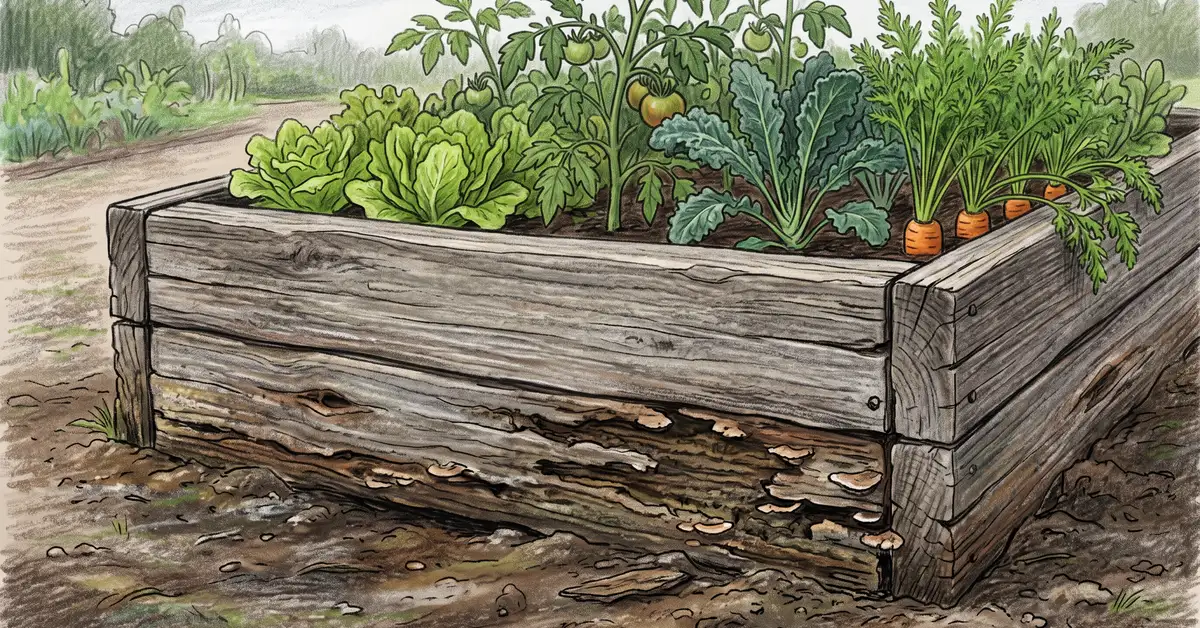 Weathered wooden raised bed showing soft rot at the soil line on the lower board, with vegetables still growing inside