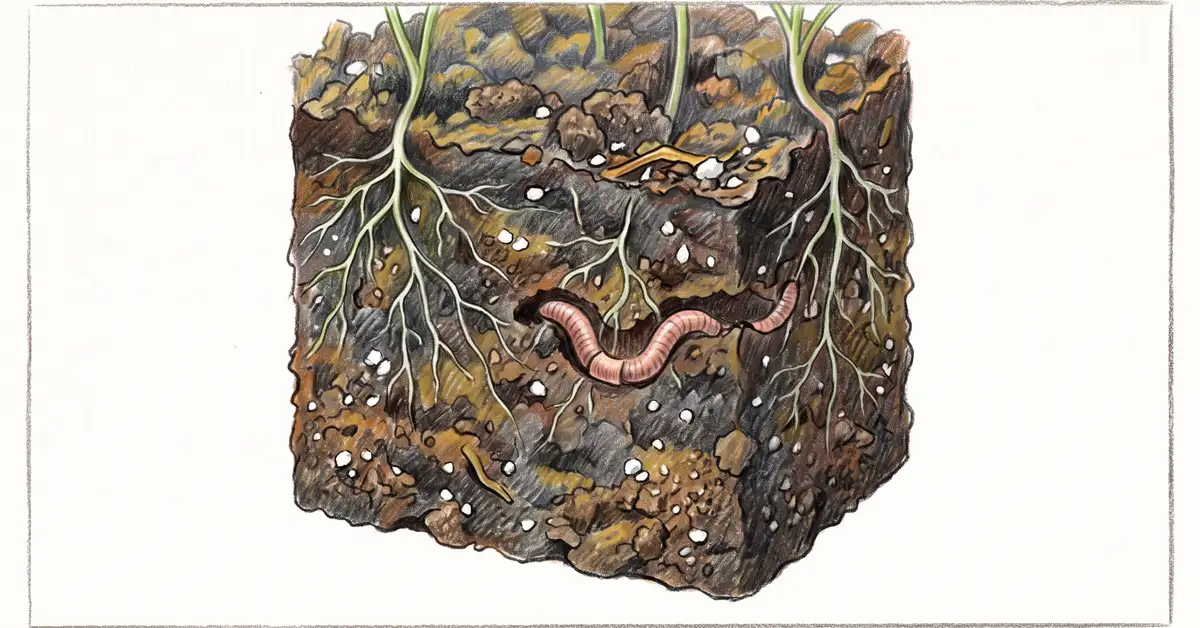 Close-up of raised bed soil showing crumb structure, fine plant roots and an earthworm
