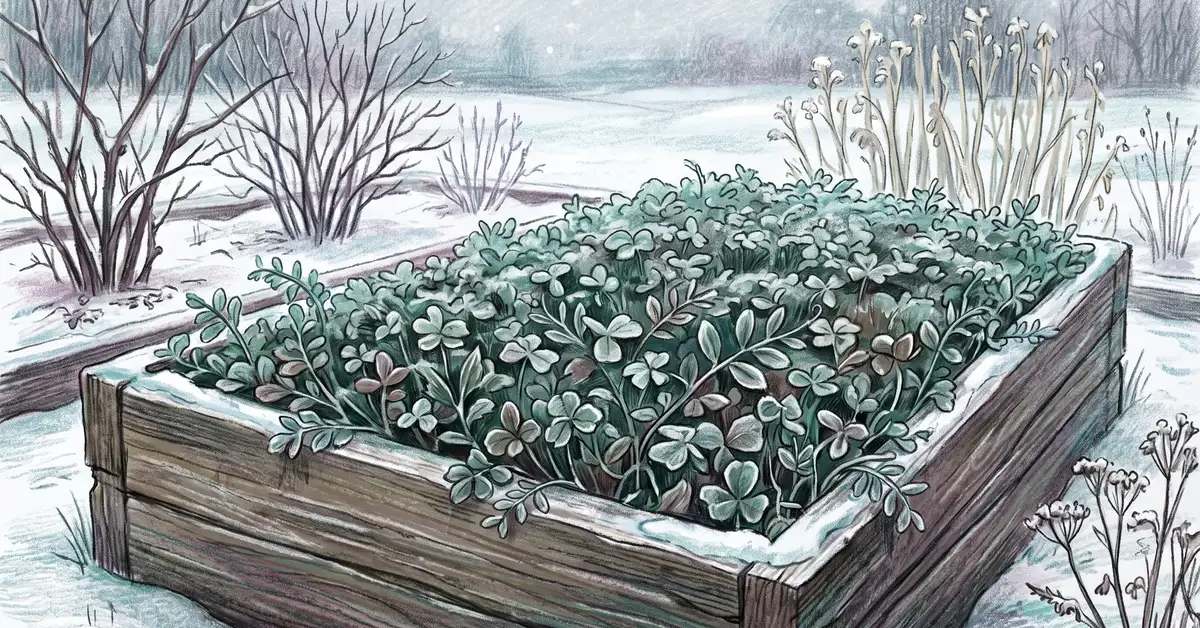 Raised garden bed covered with a winter cover crop of clover and vetch with frost on the leaves