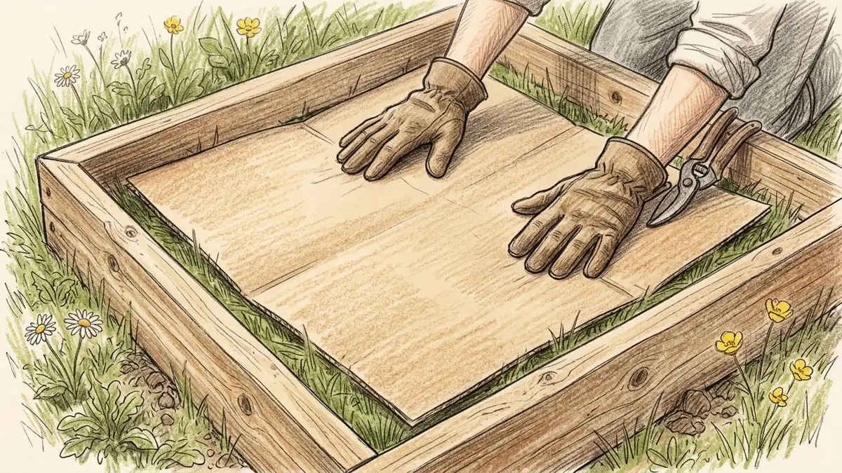 Gardener laying plain brown cardboard flat on grass inside a newly built timber raised bed frame